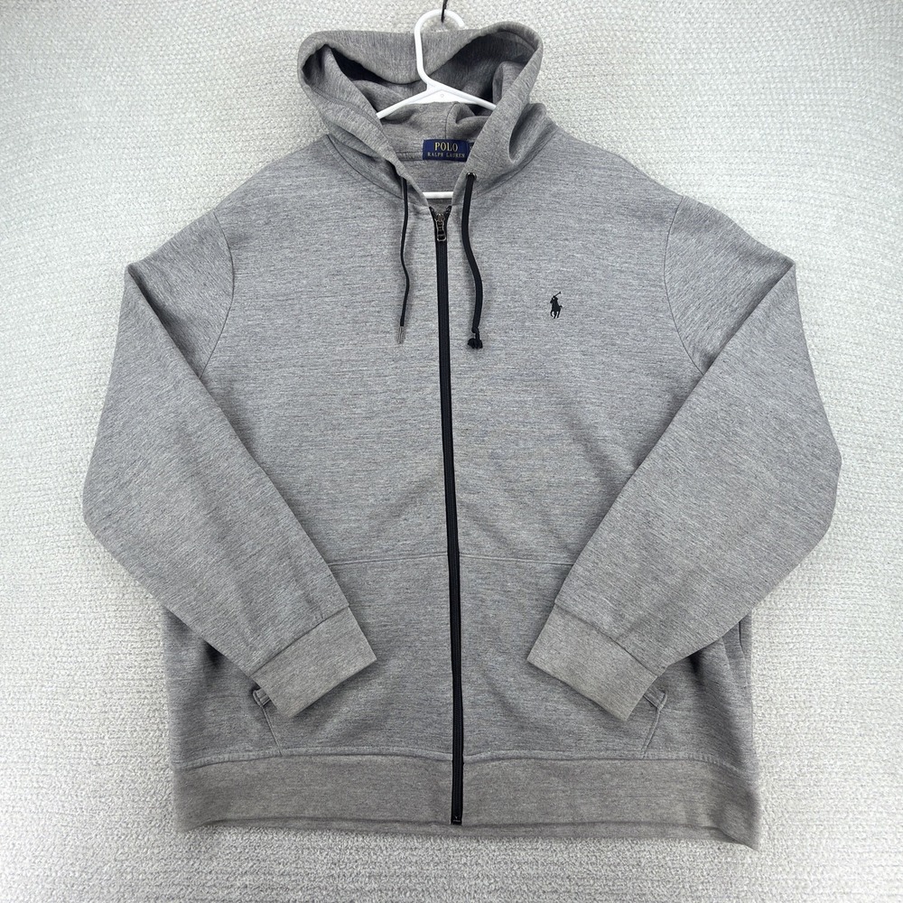 Polo Ralph Lauren Double Knit Tech Hoodie Mens XXL Gray Full Zip Black Pony
